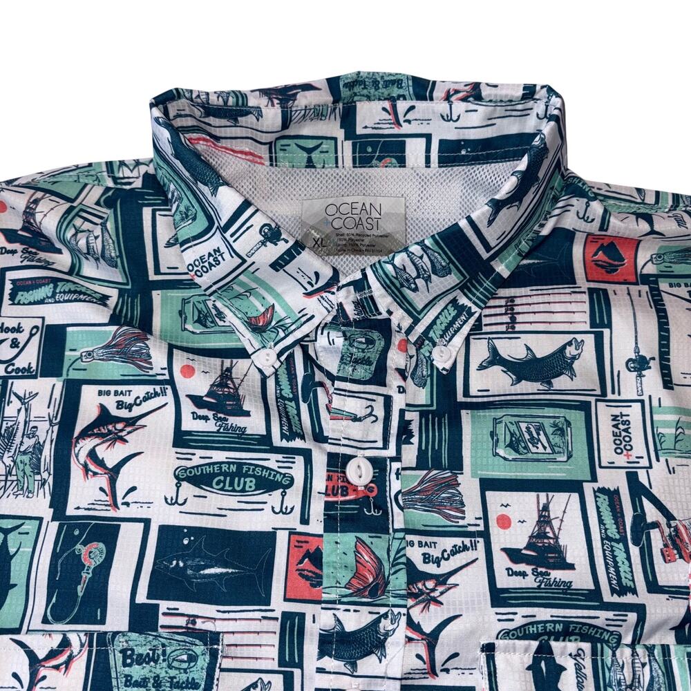 Ocean Coast Men's XL Fishing Button Up Shirt All Over Nautica Print‎